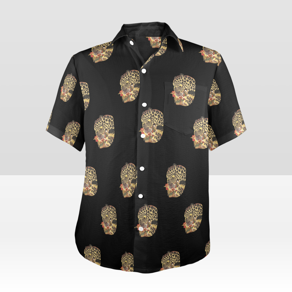 Leopard Eating Rooster Button Down Crinkle Shirt with Pocket