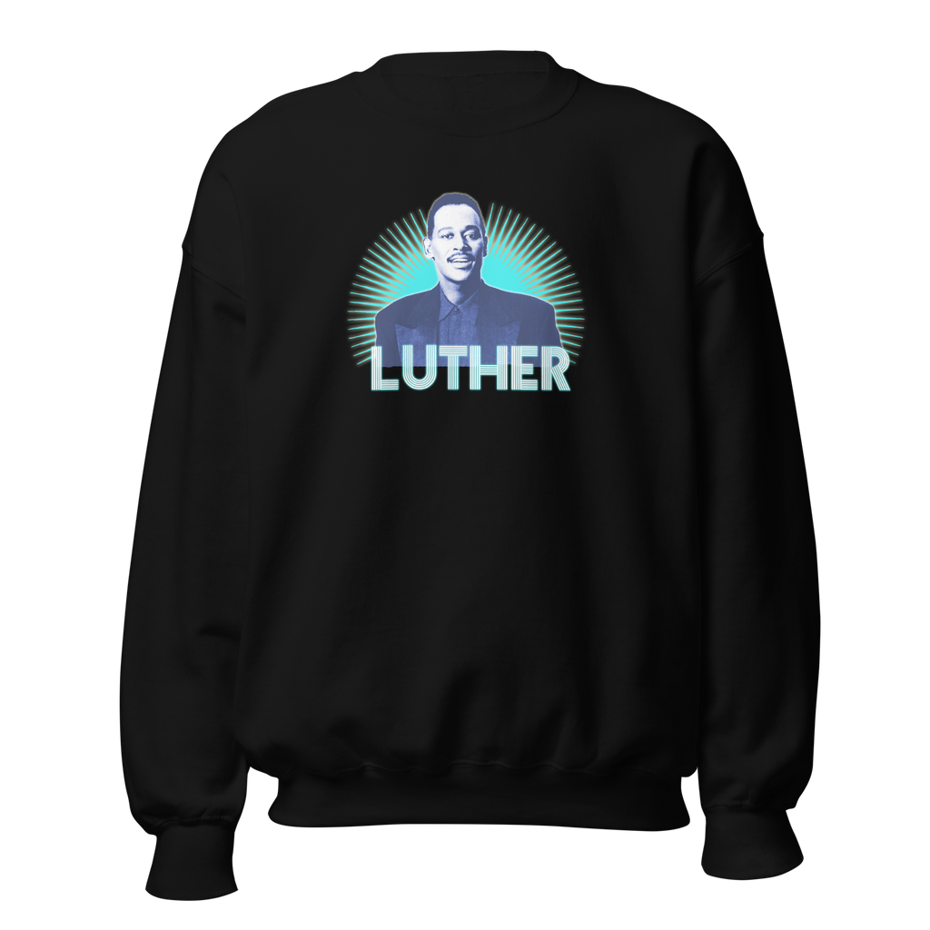 Luther Vandross Crewneck Sweatshirt - R&B Soul Music Singer Icon Power Sunbeams - Aqua Blue and Powder Blue Retro Style
