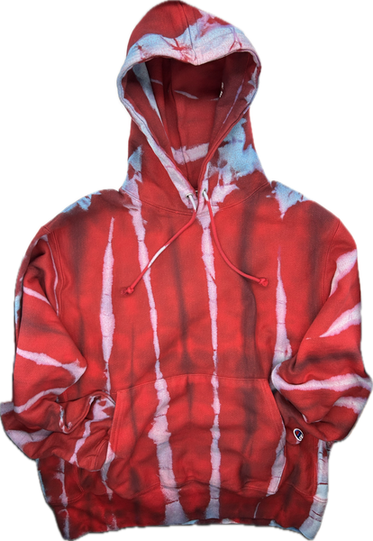 Red Turquoise Black White Tie Dye Hoodie - Hand Dyed - Champion