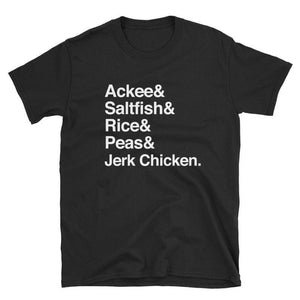 Jamaican Food Dish List T-Shirt - Jamaica Cuisine Jerk Chicken Rice and Peas - Helvetica List for Food Truck and Restaurant Owner Chef