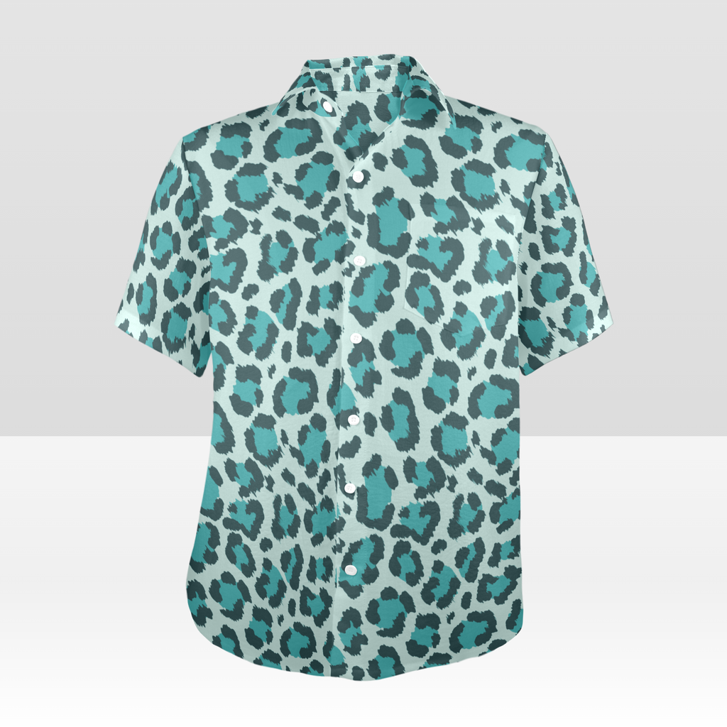 Teal Leopard Print Button Down Crinkle Shirt with Pocket