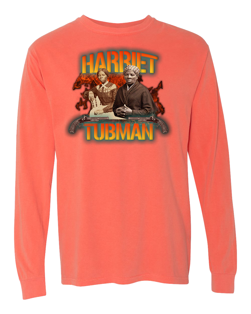 Harriet Tubman Washed Bright Salmon Orange and Seafoam Green Long Sleeve T-Shirt - Vintage 90's Style with Shotguns